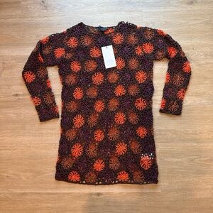 Zara Brown & Orange Crochet Floral Long Sleeve Mini Dress